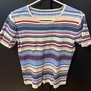 Womens short sleeve sweater with stripes & lots of stretch. No size or brand.